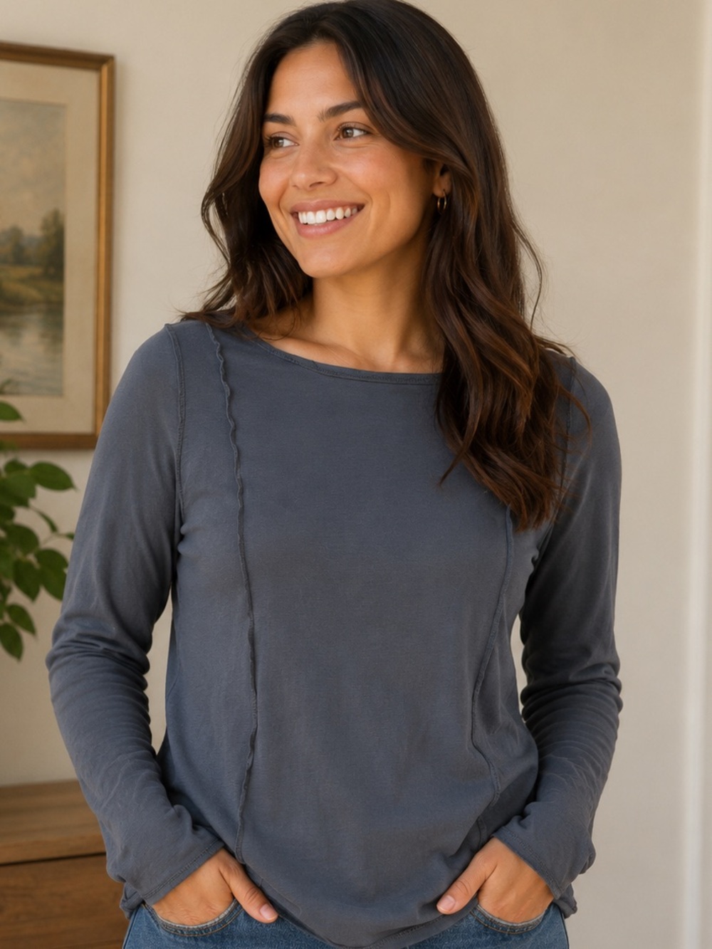 H&M Long-Sleeve Seam-Panel Women’s Top - Gray XL